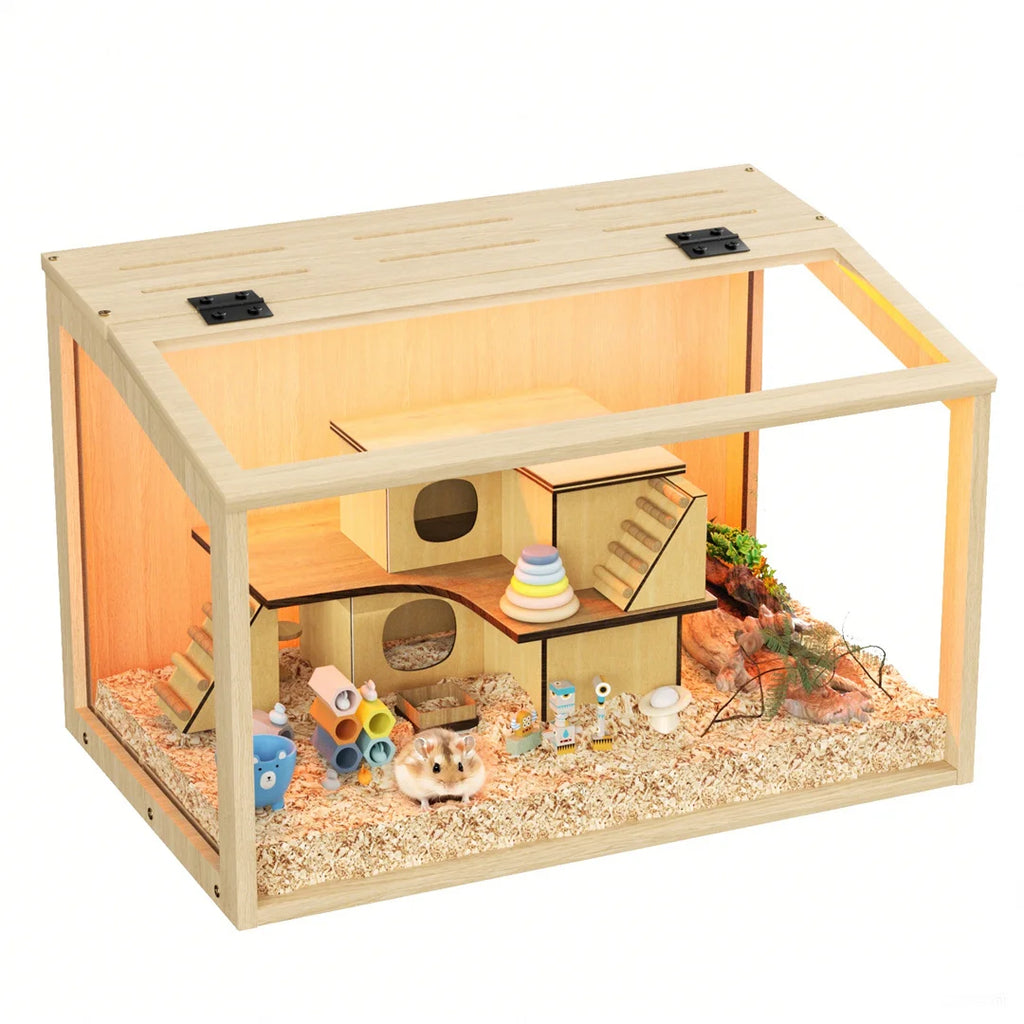Großer Hamsterkäfig aus Naturholz mit Glasfront &amp; LED-Beleuchtun