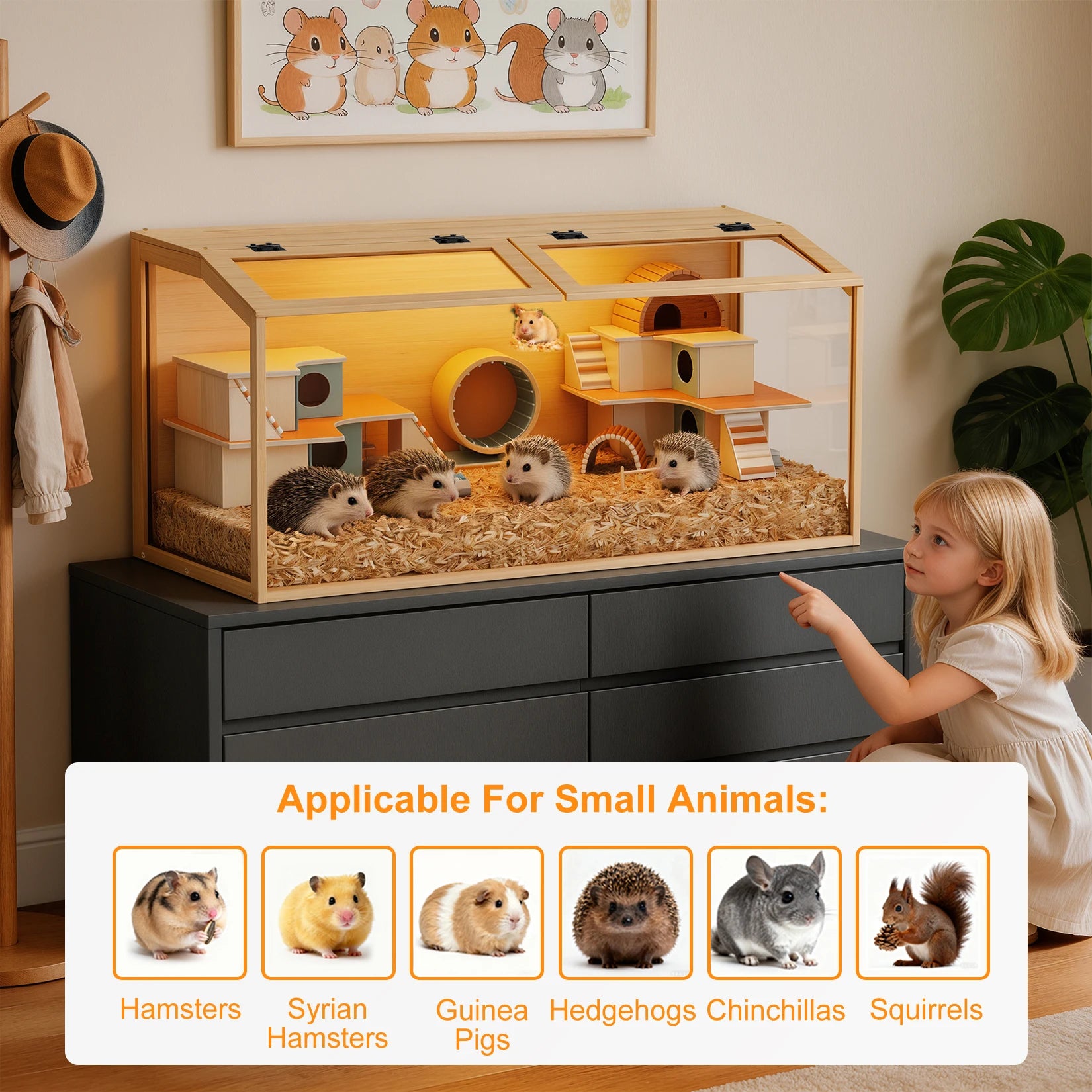 Großer Hamsterkäfig aus Naturholz mit Glasfront &amp; LED-Beleuchtun