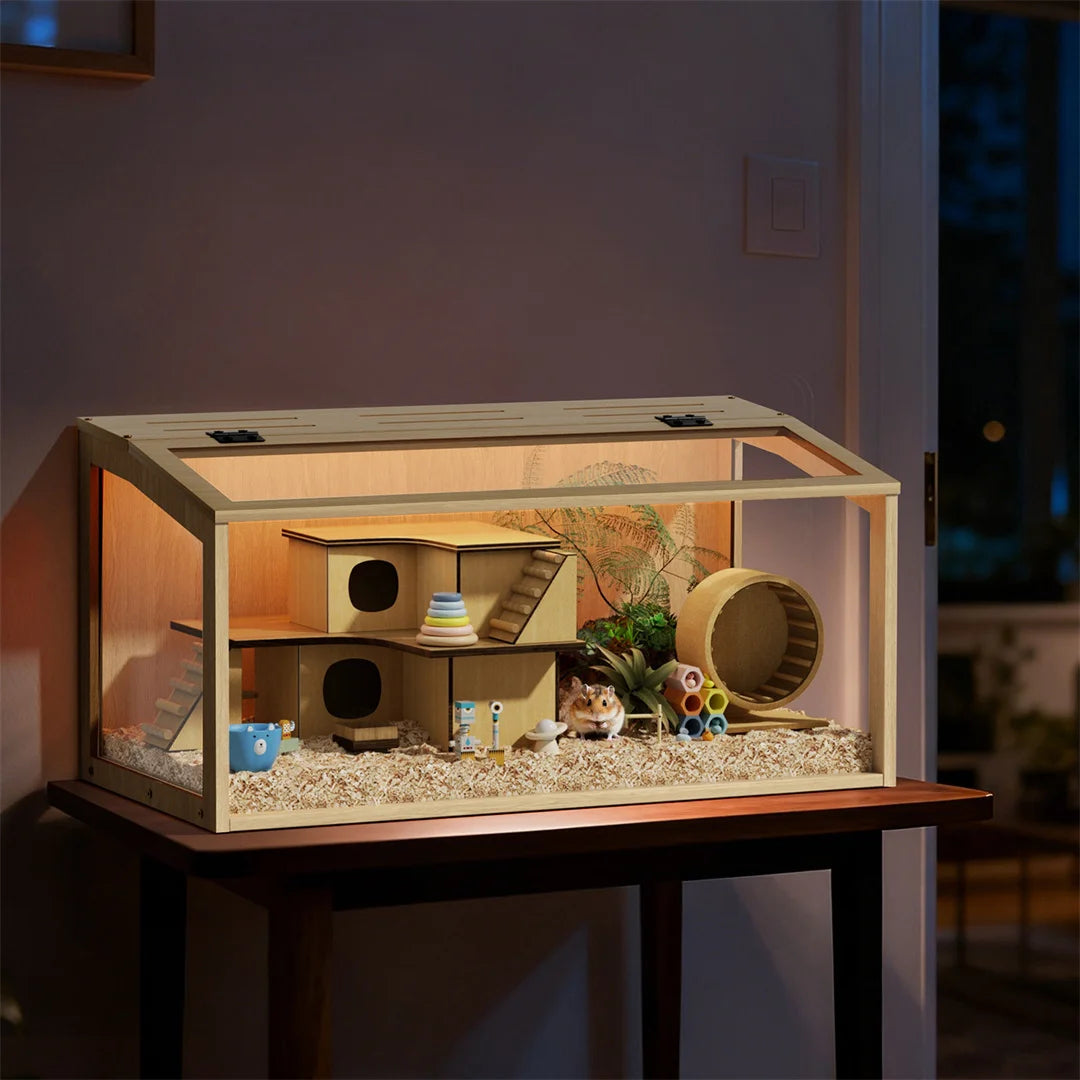 Großer Hamsterkäfig aus Naturholz mit Glasfront &amp; LED-Beleuchtun